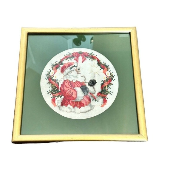 Christmas Santa Cross Stitch Handmade In The Philippines Framed Art 8x8 - Picture 2 of 3